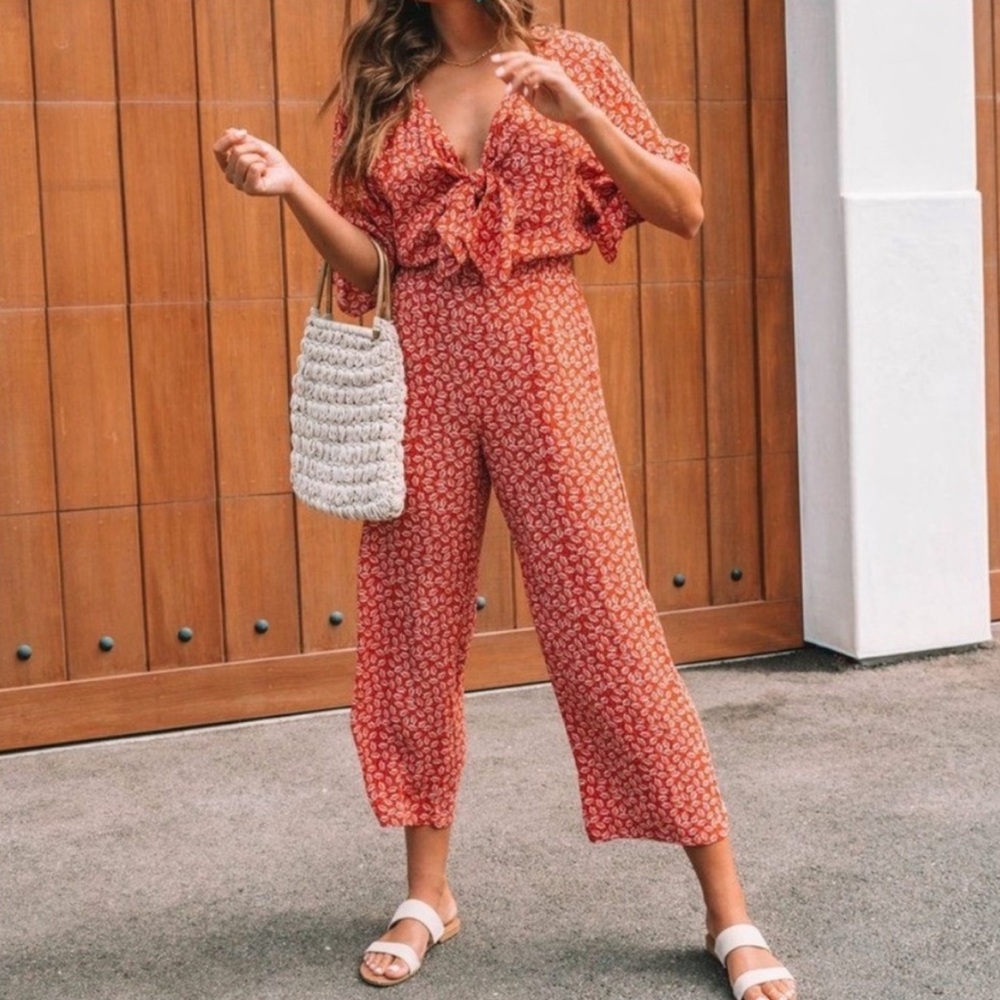 Vici Red Leaf Tie Front Jumpsuit